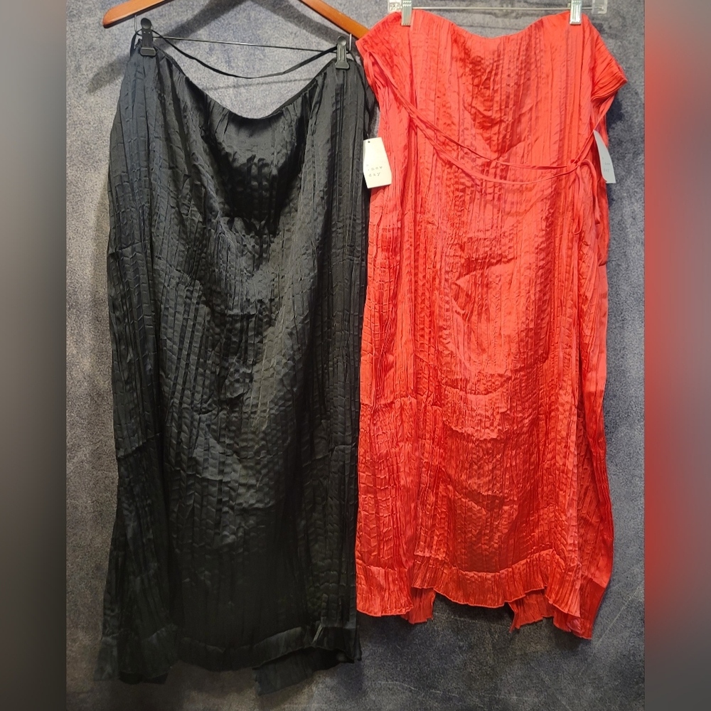 2 NWT Maxi Skirts A New Day Pink & Black Satin Ribbon Tie Pleated Accordian 3XL